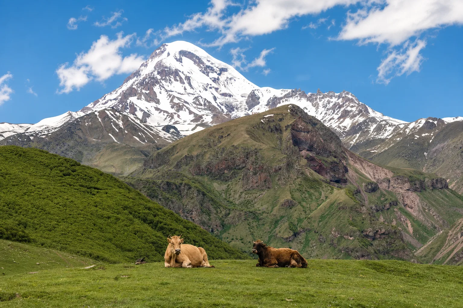 Cows resting on green pasture near Gergeti with the snow cone of Mount Kazbek behind