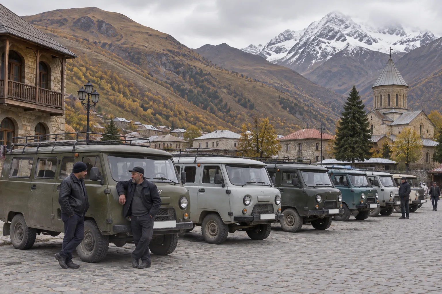 A row of boxy old 4x4 minivans waiting for passengers on the main square of Stepantsminda with drivers talking beside them and a snow-capped peak behind