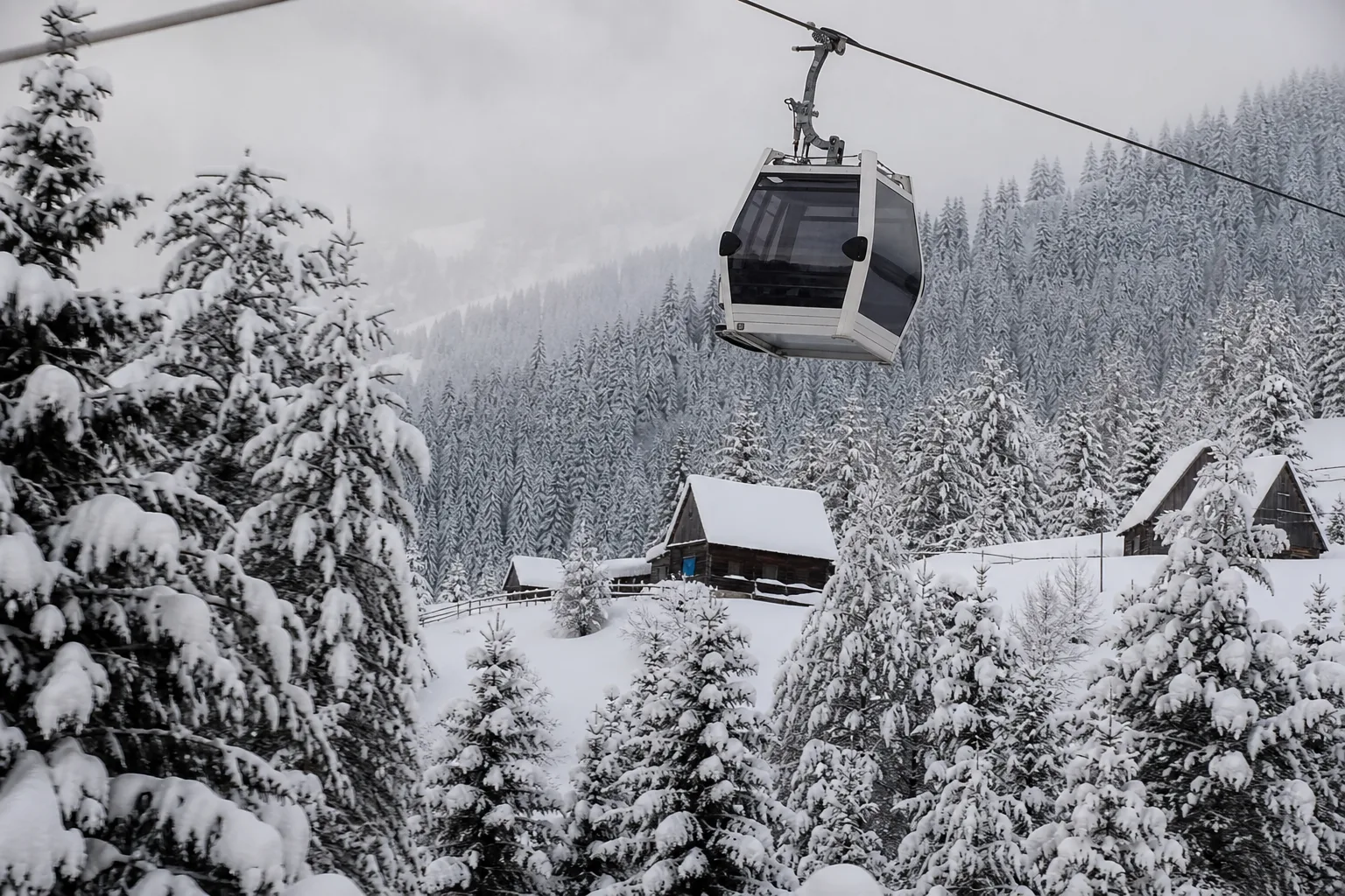 Gondola cabin above deeply snow-covered fir forest and small wooden houses at the Goderdzi Pass in Adjara