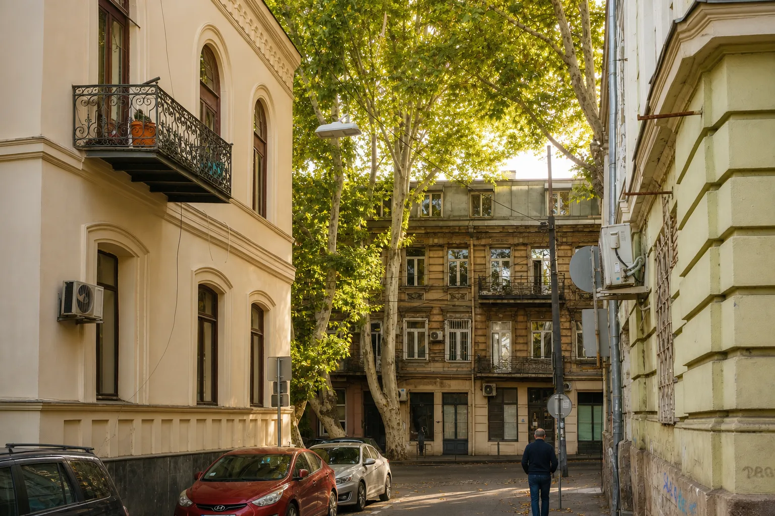A leafy residential street in Vera, Tbilisi, with old balconied apartment buildings