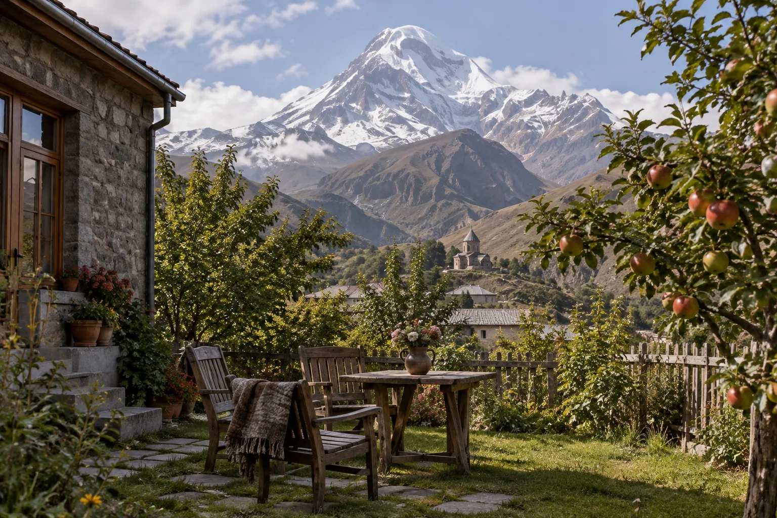 Garden of a stone guesthouse in Stepantsminda with wooden chairs under an apple tree and the snow-covered summit of Mount Kazbek behind