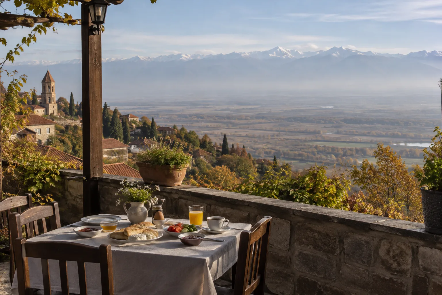Breakfast laid on a stone guesthouse terrace in Sighnaghi, looking over tiled roofs and a church tower to the Alazani valley and the snow line of the Caucasus
