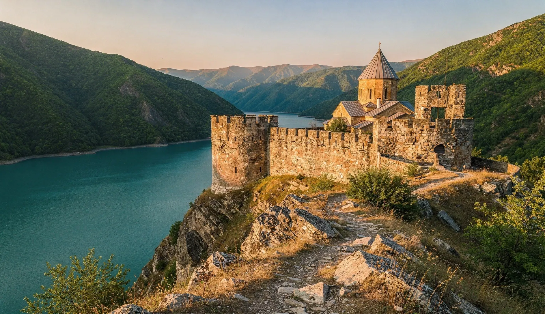Ananuri Fortress towers and church domes overlooking the turquoise Jinvali Reservoir surrounded by green Caucasus mountains
