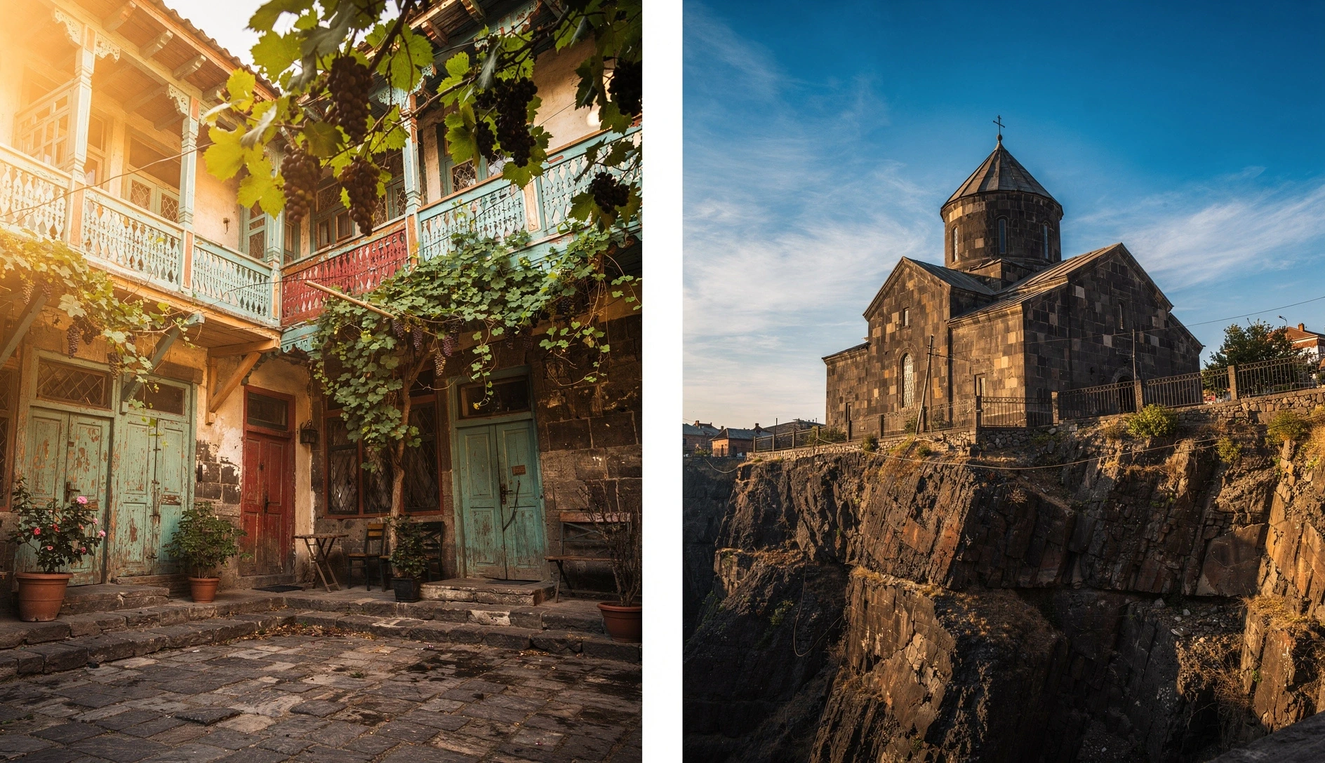 Split view of a colorful Tbilisi courtyard with wooden balconies and an Armenian stone church perched on a cliff edge