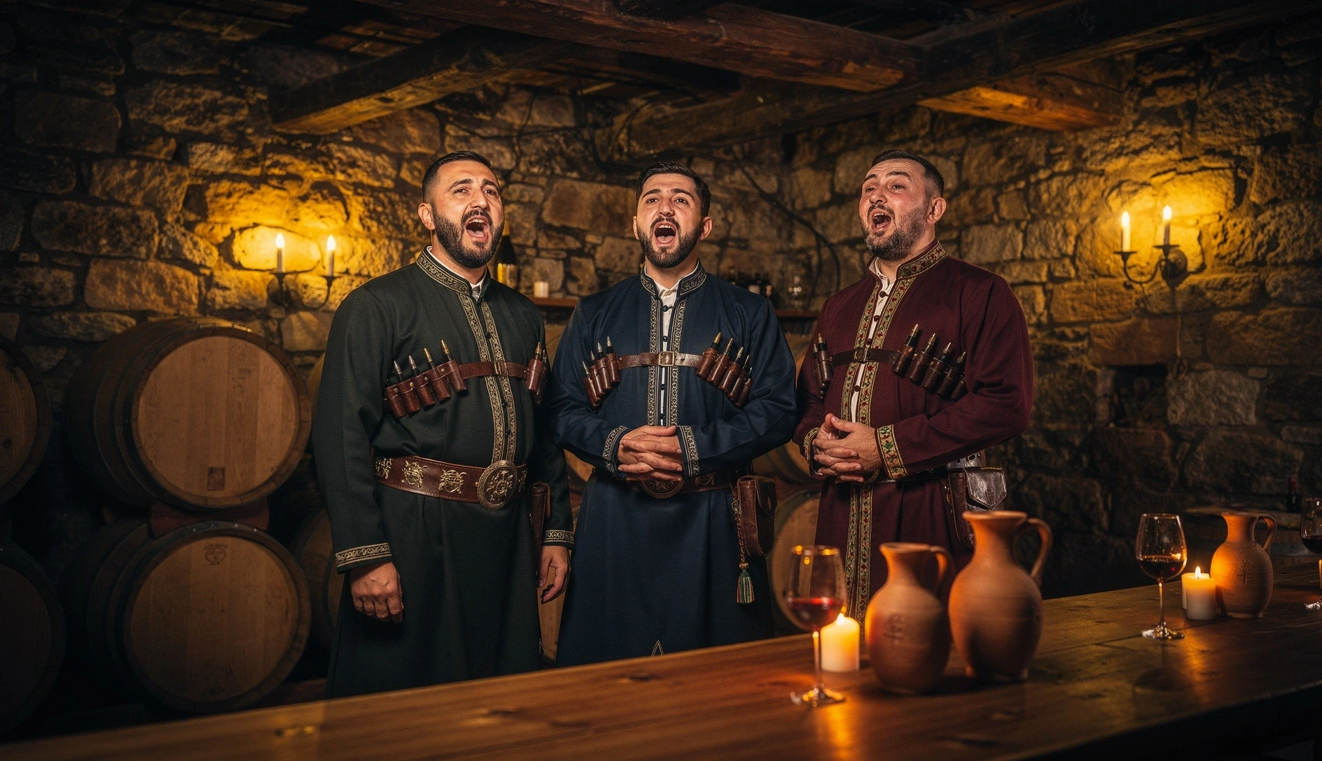 Three Georgian men in traditional chokha costumes performing polyphonic singing in a candlelit wine cellar