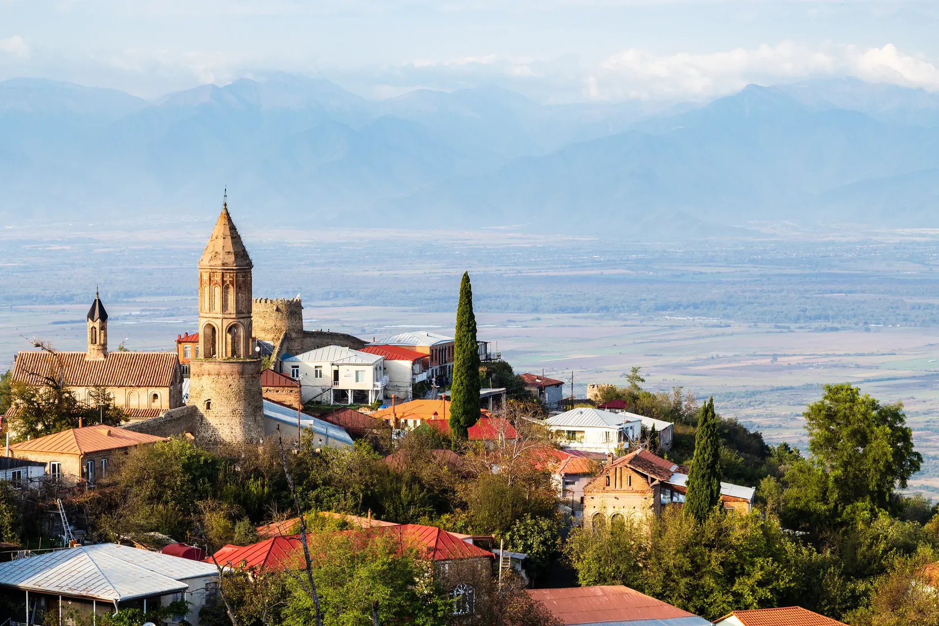 Sighnaghi town overlooking the Alazani Valley and snow-capped Caucasus mountains