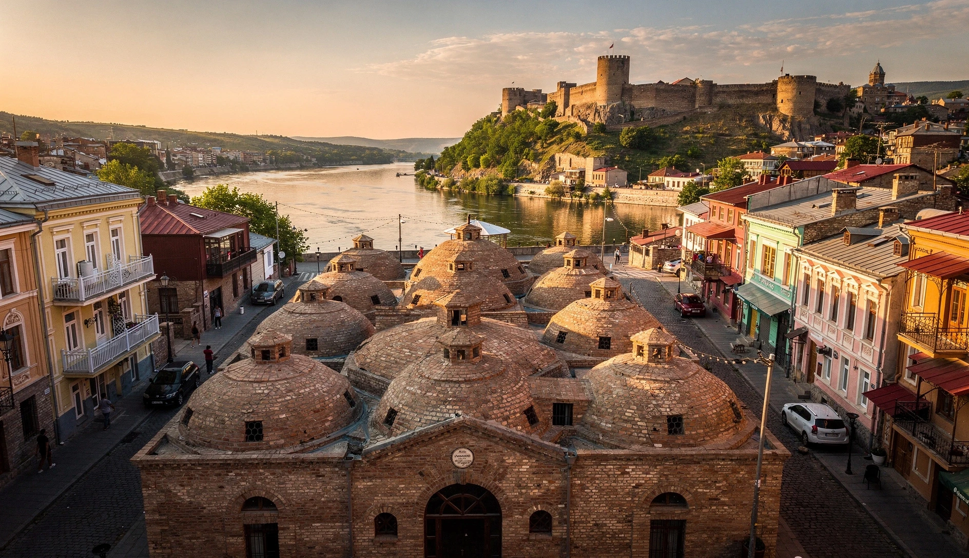 Aerial view of the brick-domed sulfur bathhouses in Abanotubani district, Tbilisi, with Narikala Fortress on the hill behind