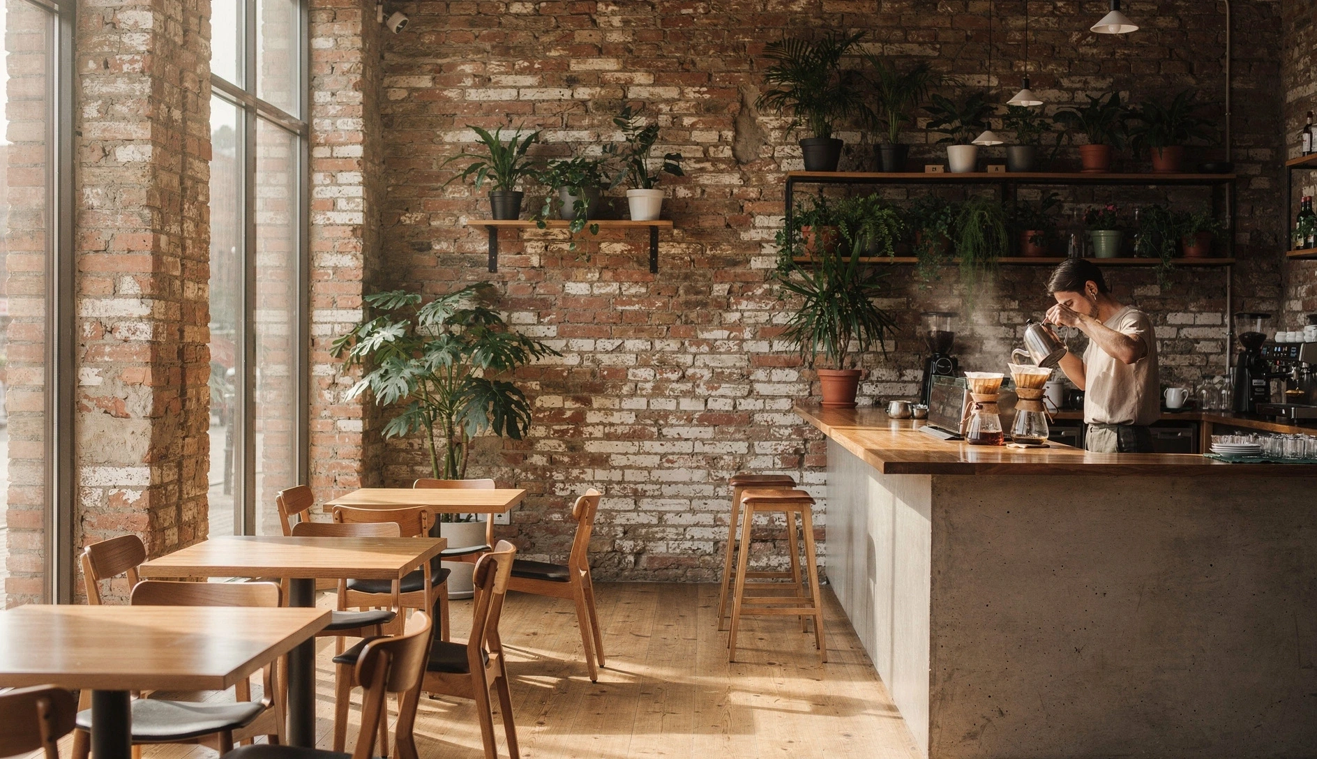 Interior of a specialty coffee shop in Tbilisi with morning light, exposed brick walls, and a barista preparing pour-over coffee