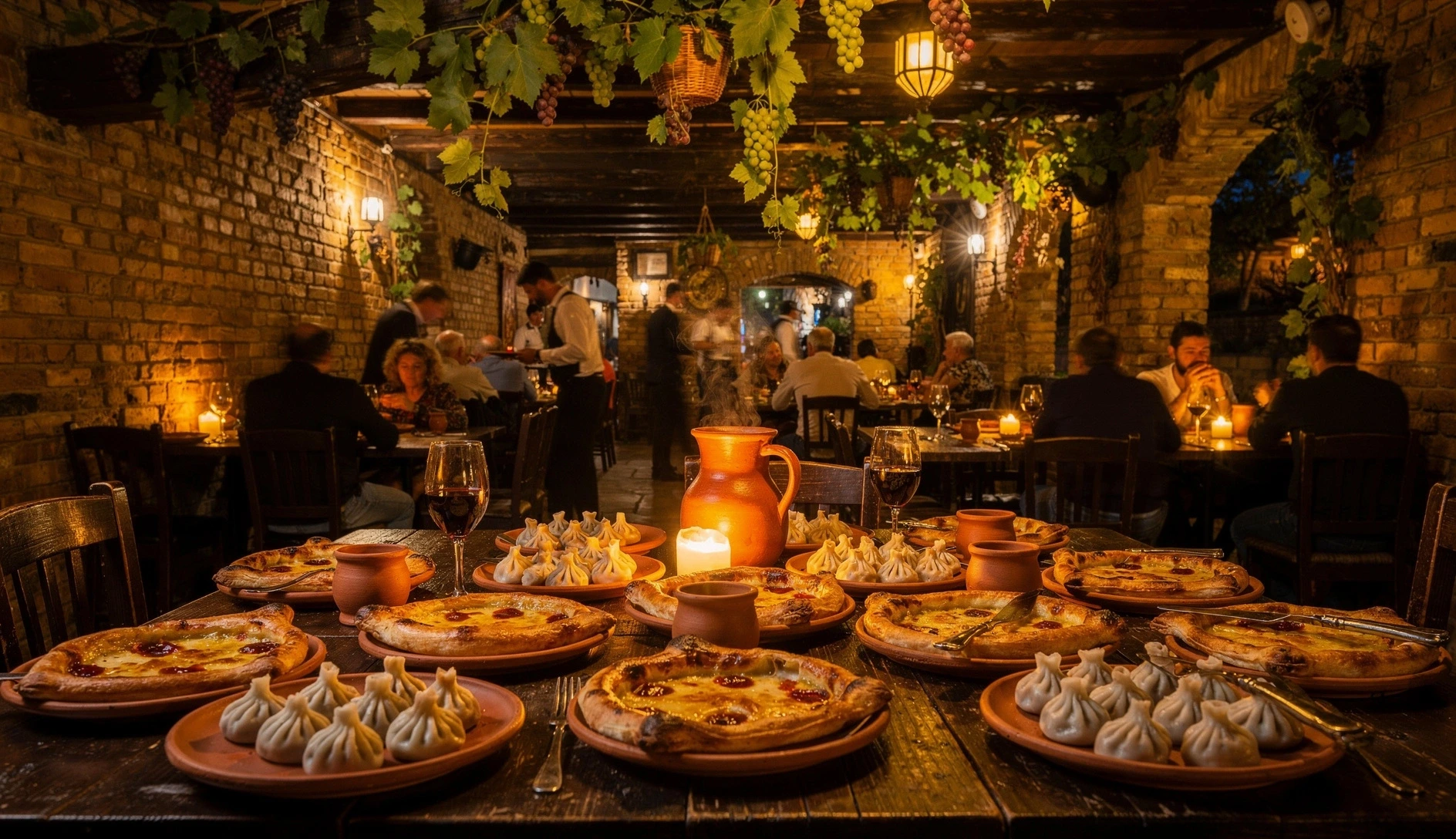 Interior of a traditional Georgian restaurant in Tbilisi with warm lighting and tables set with Georgian dishes