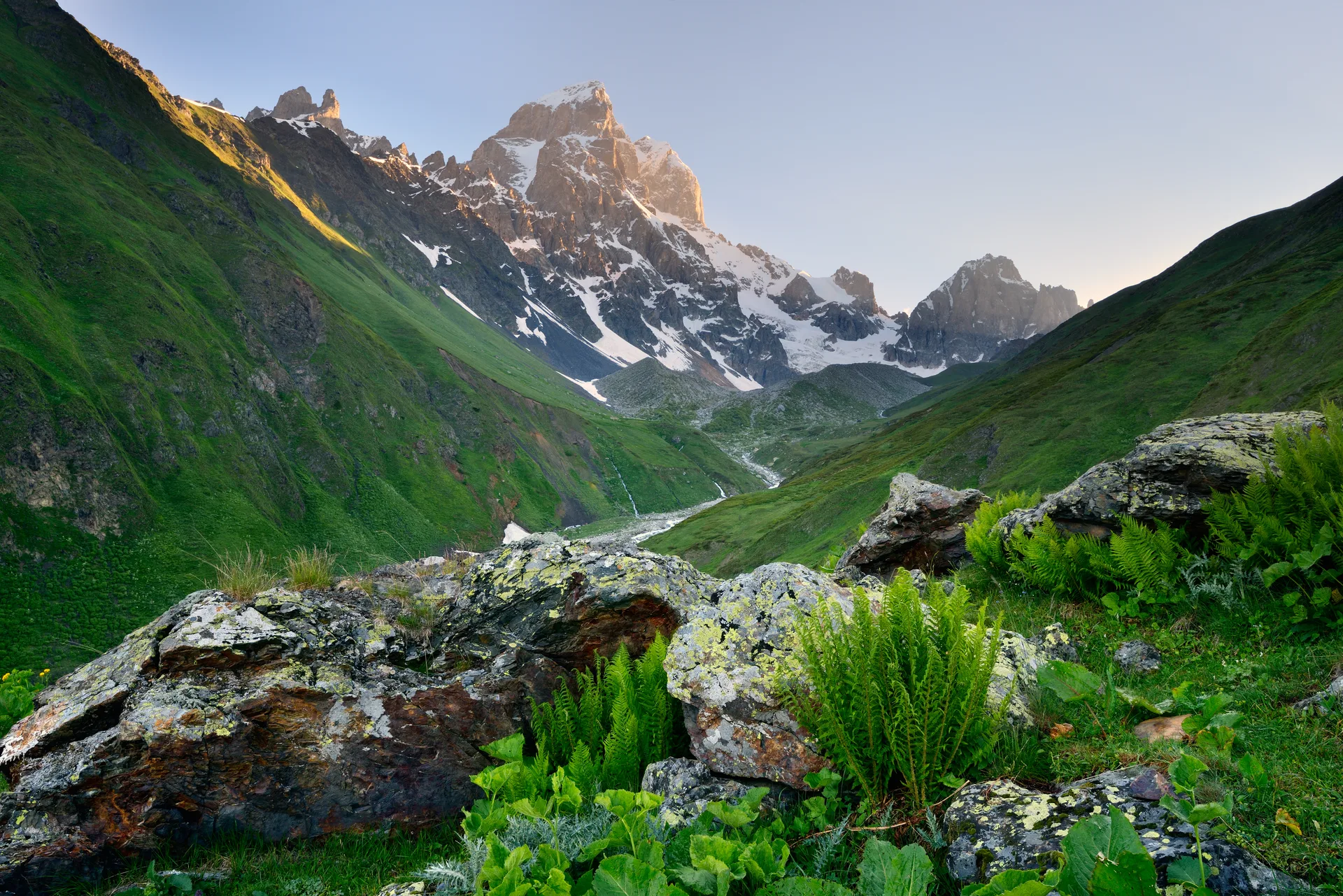 Snow-capped Ushba peak rising dramatically above a green valley in Svaneti, Georgia