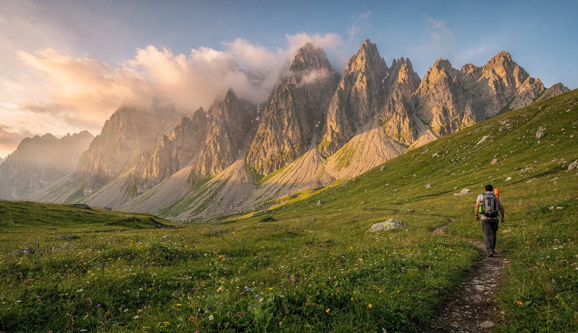 Hiker walking through alpine meadow toward the jagged peaks of Chaukhi massif in Juta Valley, Greater Caucasus, Georgia