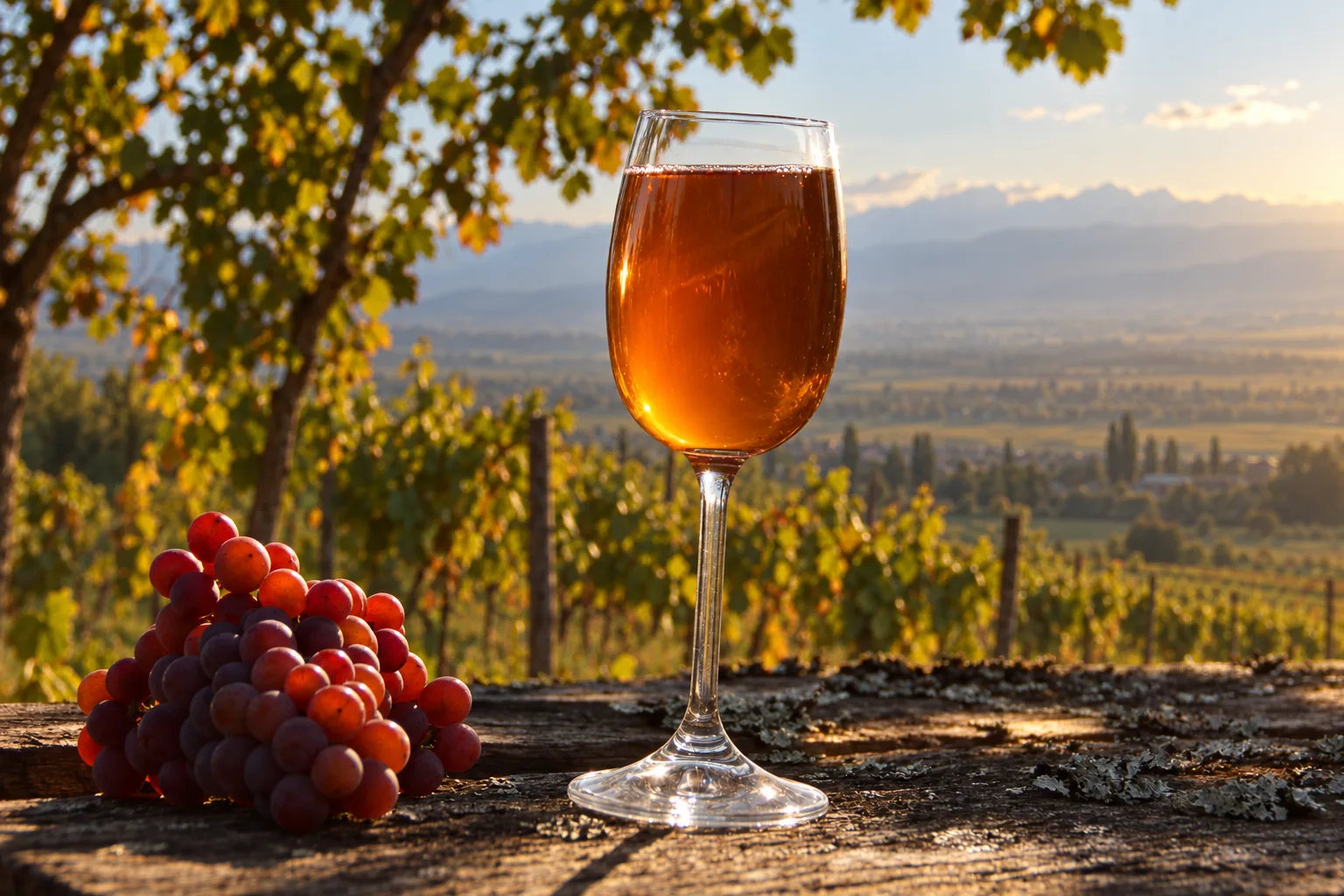 Glass of amber Kakhetian wine and a bunch of red grapes on a weathered wooden table at a winery terrace above the Alazani valley in late afternoon light
