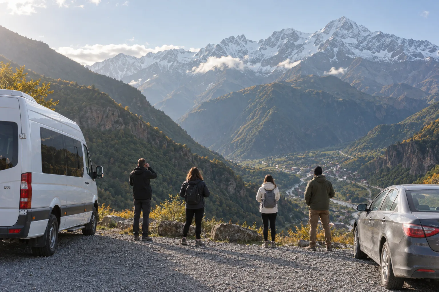A white tour minibus and a sedan parked at a gravel viewpoint on the Georgian Military Highway, travellers looking across the valley to snow-dusted Caucasus peaks