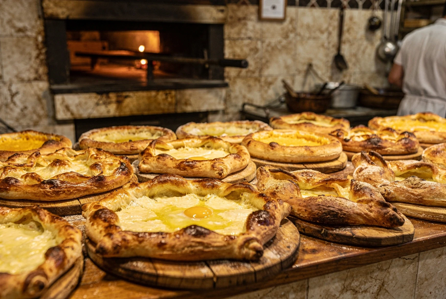Fresh khachapuri cooling on boards in a Georgian bakery