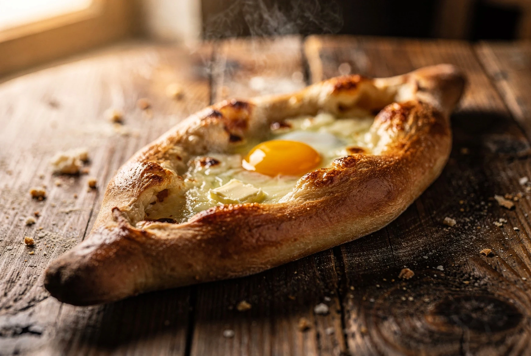 Freshly baked Adjarian khachapuri with egg, butter, and molten cheese