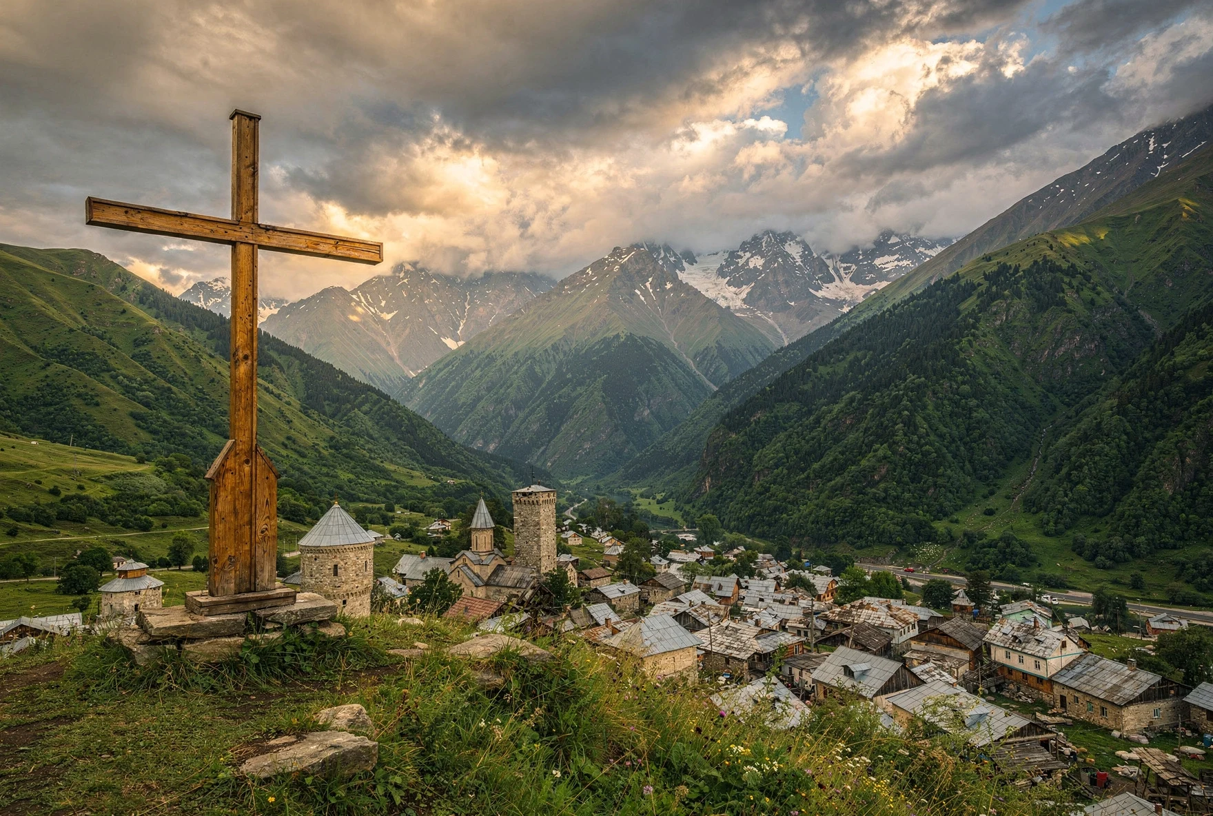 Wooden cross on hilltop overlooking Mestia town and medieval Svan towers in the valley below, Greater Caucasus mountains in background