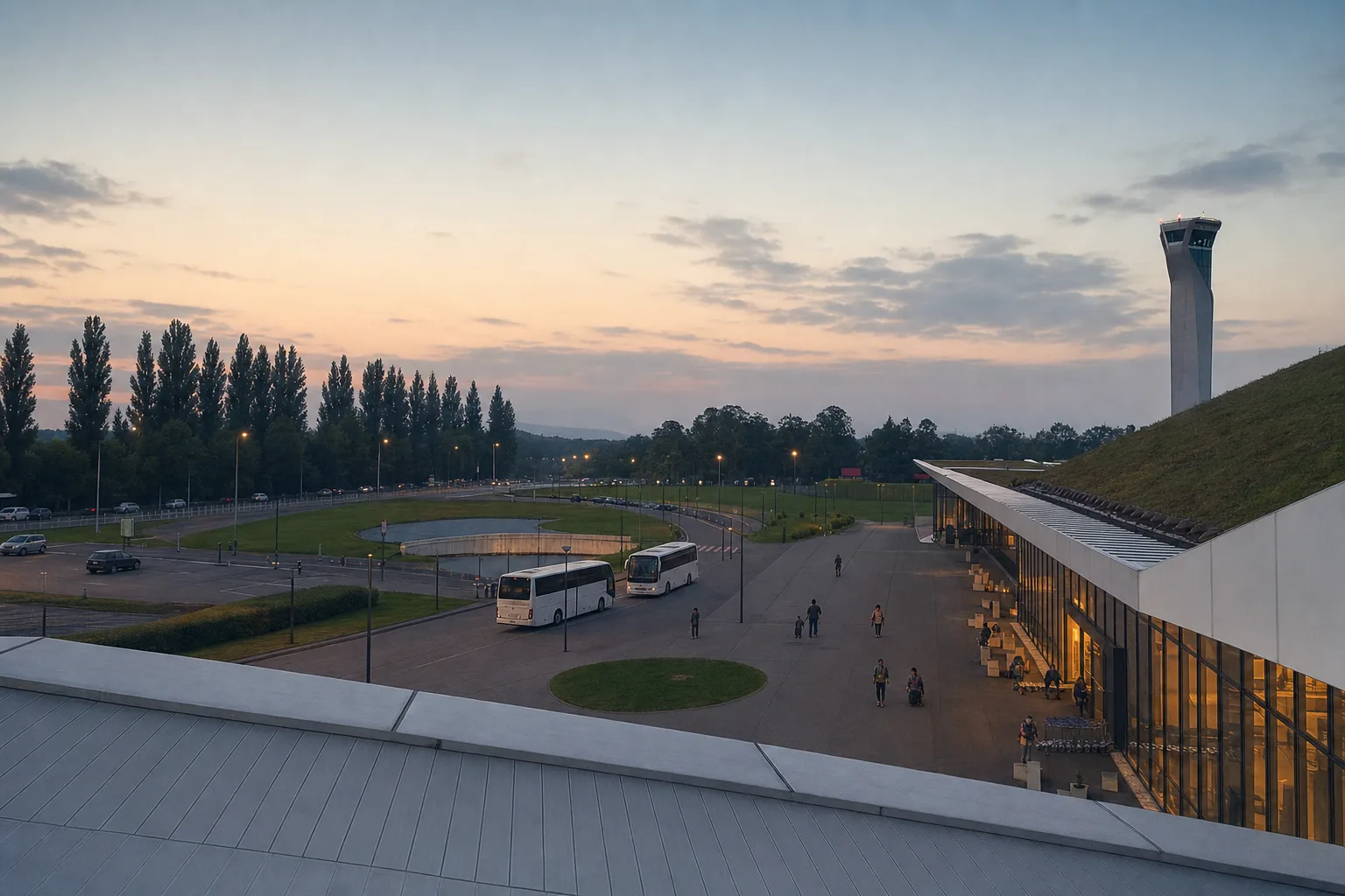 Kutaisi International Airport forecourt at dusk with the control tower, the grass-roofed terminal and two coaches waiting at the kerb