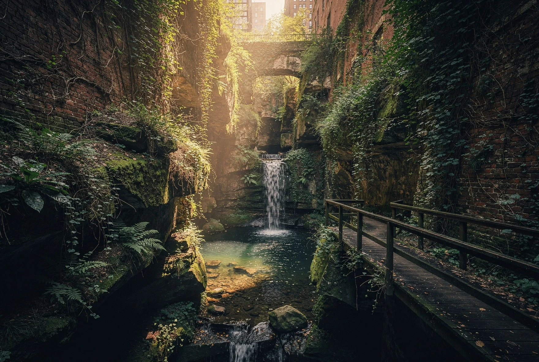 A hidden gorge with a waterfall surrounded by brick walls covered in moss and green vegetation, with a wooden walkway along the cliff