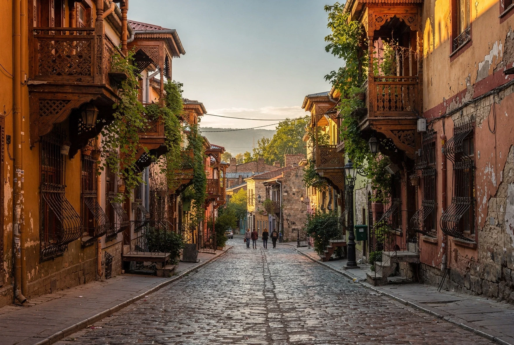 Narrow cobblestone street in Tbilisi Old Town with traditional carved wooden balconies on both sides, bathed in warm afternoon light