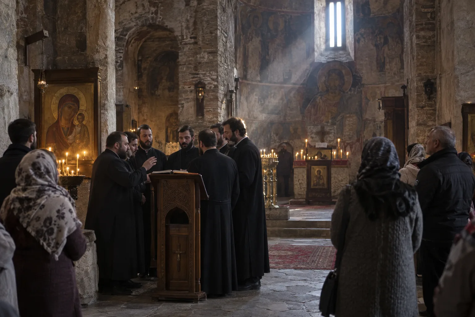 Men in black cassocks chanting around a wooden lectern during Sunday liturgy inside an old stone church in Tbilisi, worshippers standing at the sides