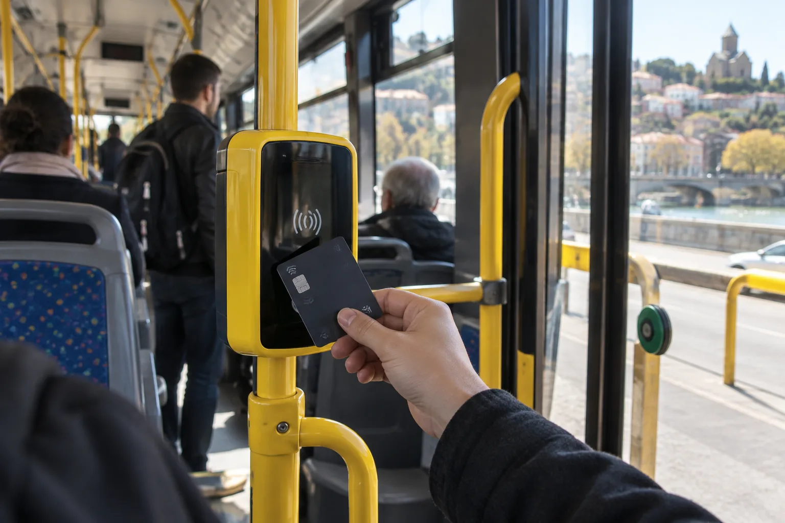 A hand holding a contactless bank card to the yellow validator by the door of a Tbilisi city bus with the river outside the window