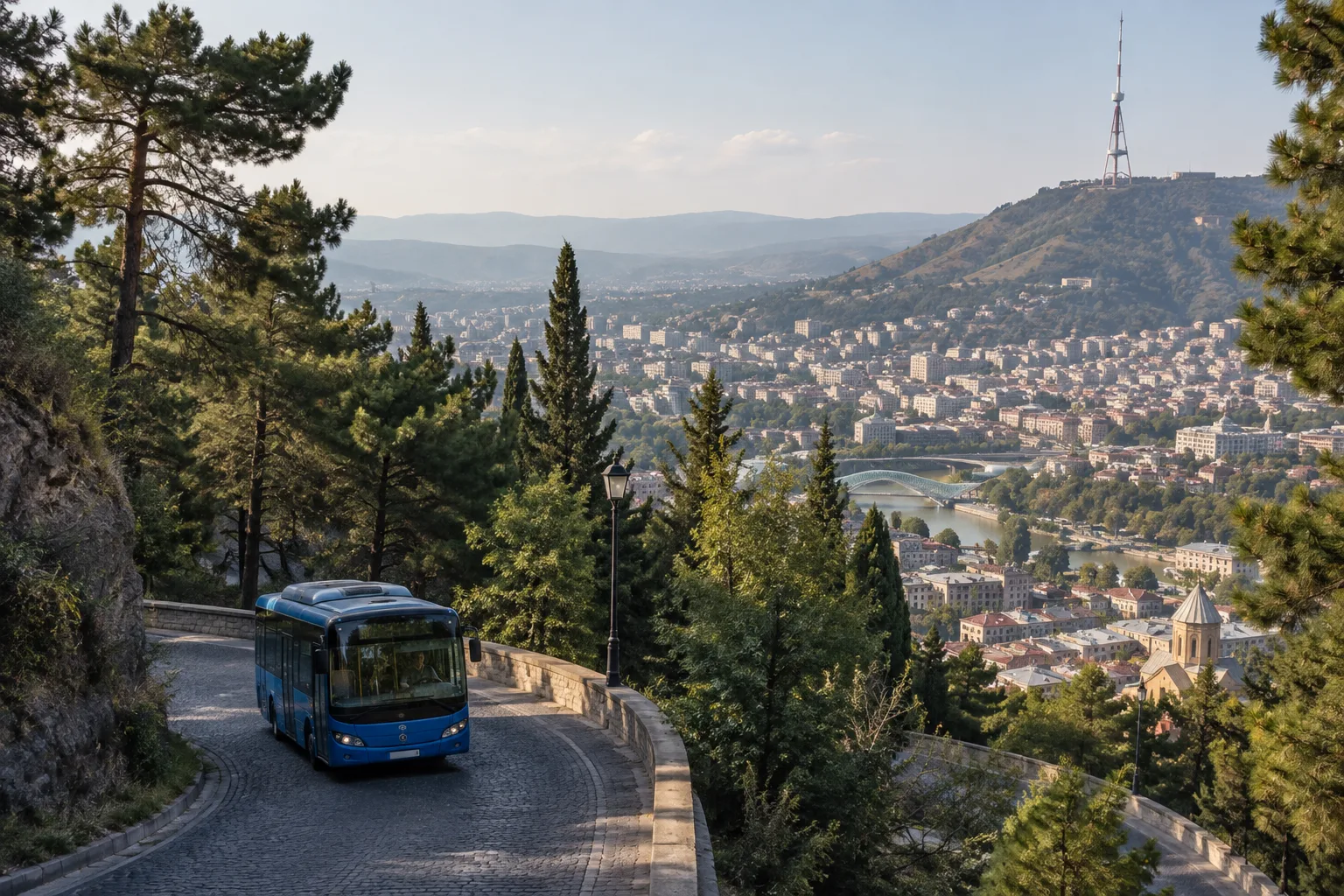 A small blue city bus on the hairpin road through pines on Mtatsminda hill above Tbilisi with the television tower on the ridge