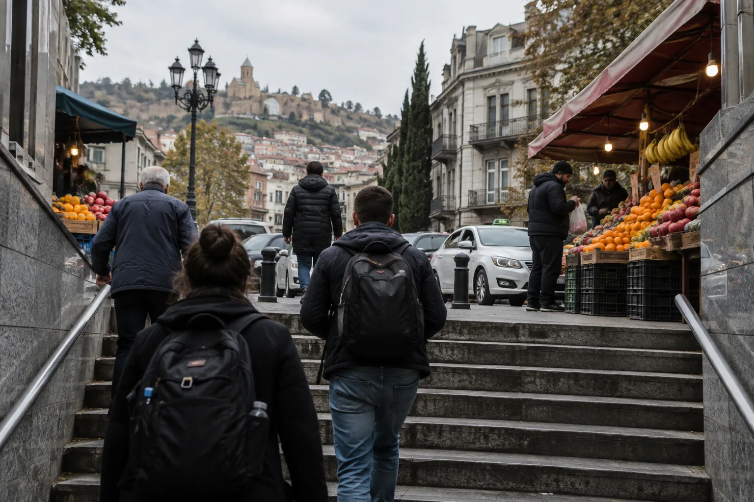 People with backpacks climbing the stairs out of a metro underpass into a street of fruit stalls and taxis in Tbilisi