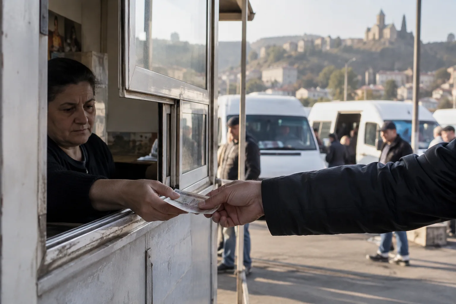 A hand passing lari notes through a ticket kiosk window at a minibus yard with white vans behind