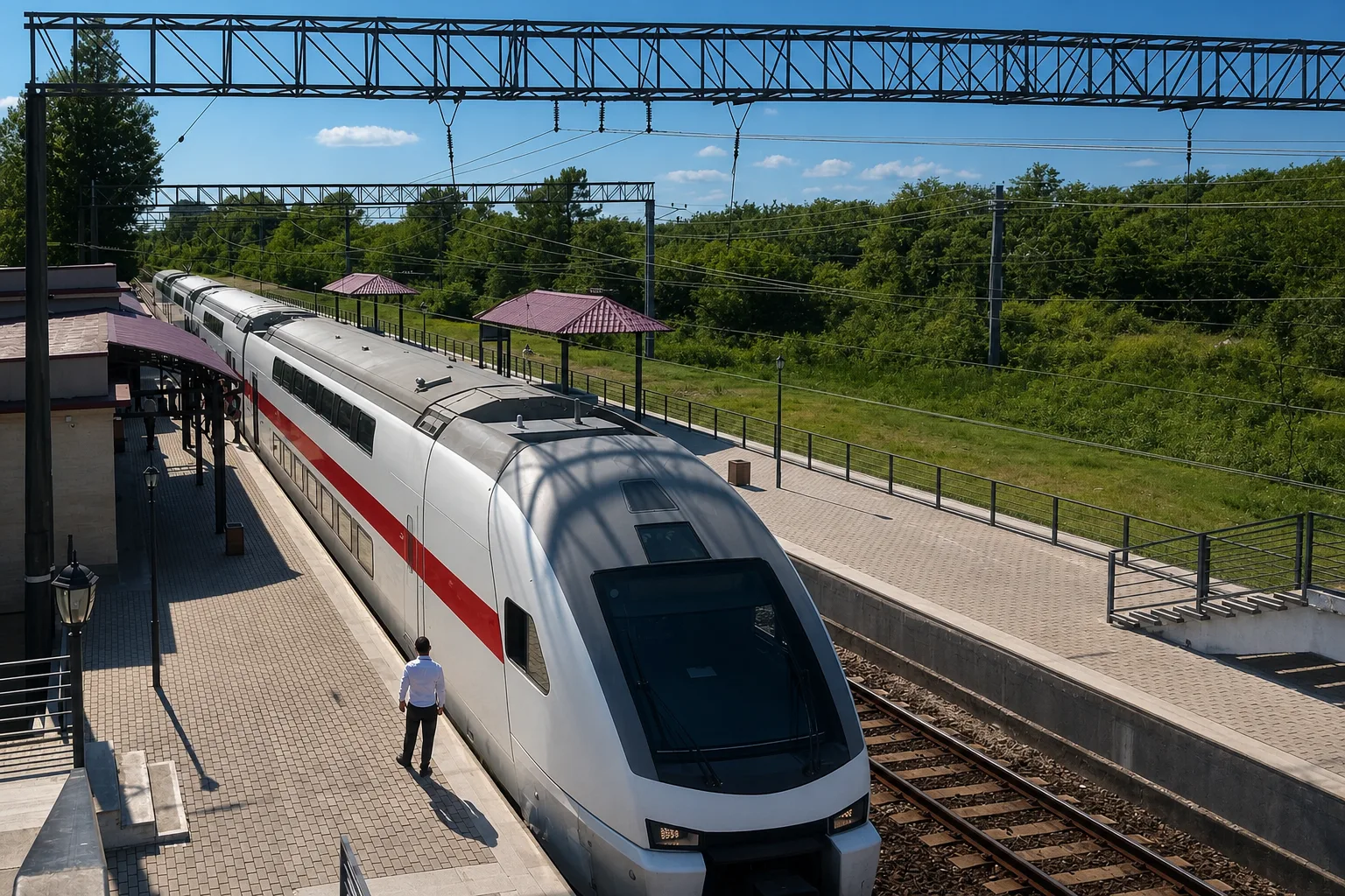 Modern white double-deck train with a red stripe stopped at the small canopied platform of Kutaisi International Airport railway station on a sunny morning