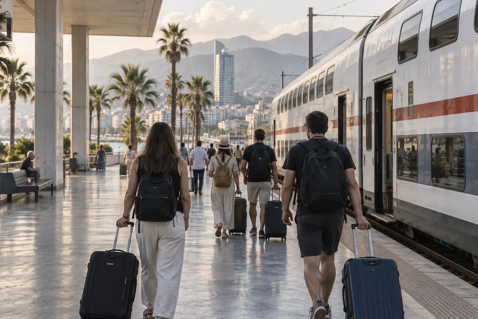Travellers with wheeled suitcases walking along the platform at Batumi Central station beside a white double-decker train with palm trees and the city towers beyond