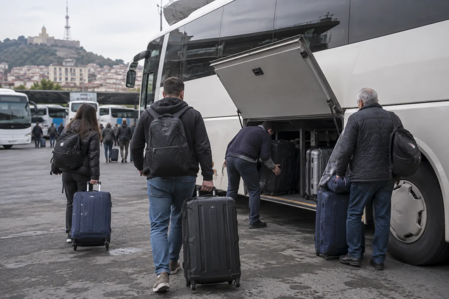 Passengers loading suitcases into the luggage bay of a white intercity coach in the Ortachala bus station yard in Tbilisi with Narikala fortress on the hill behind