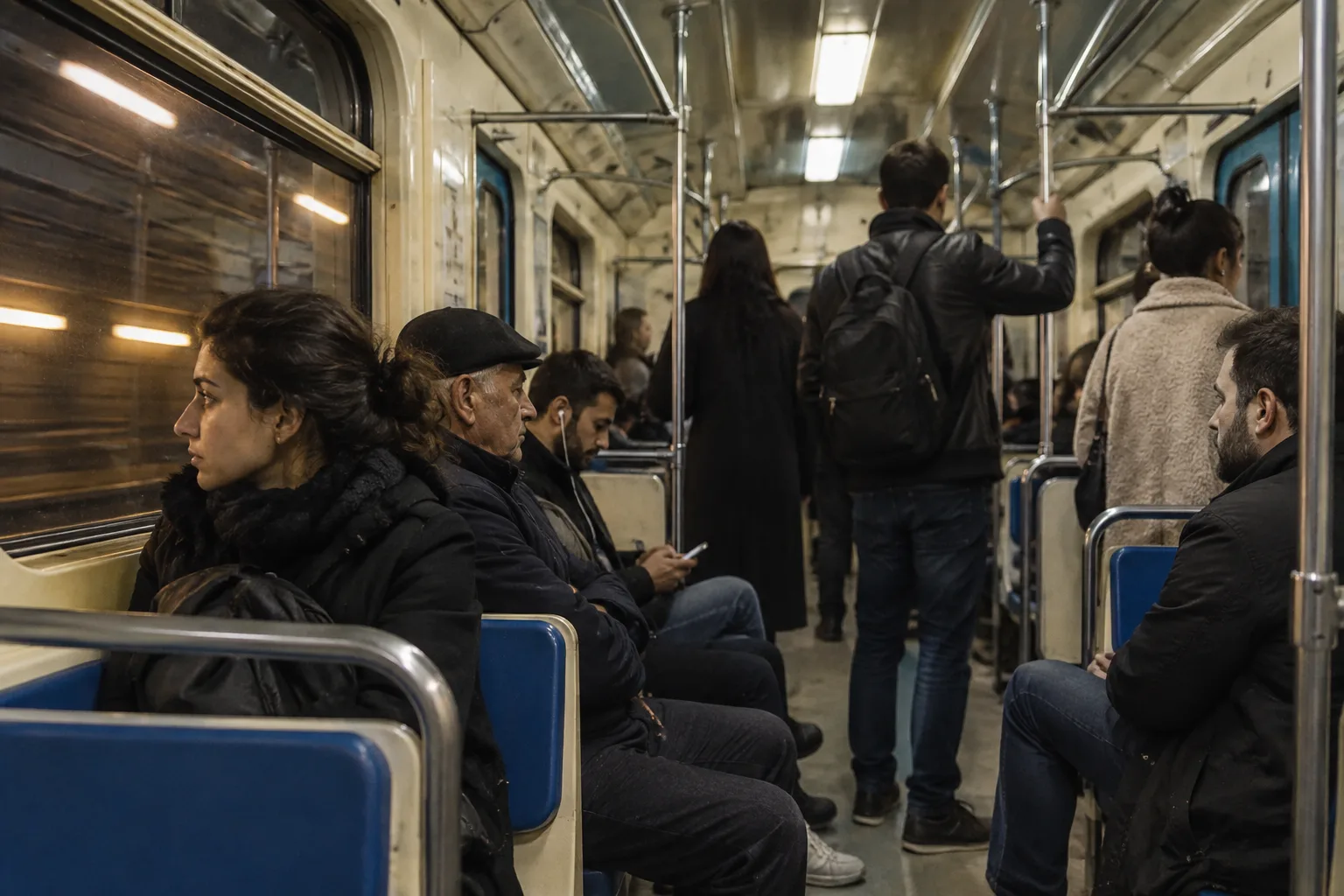 Inside an older Tbilisi metro carriage with passengers seated and standing in profile and tunnel lights passing the windows