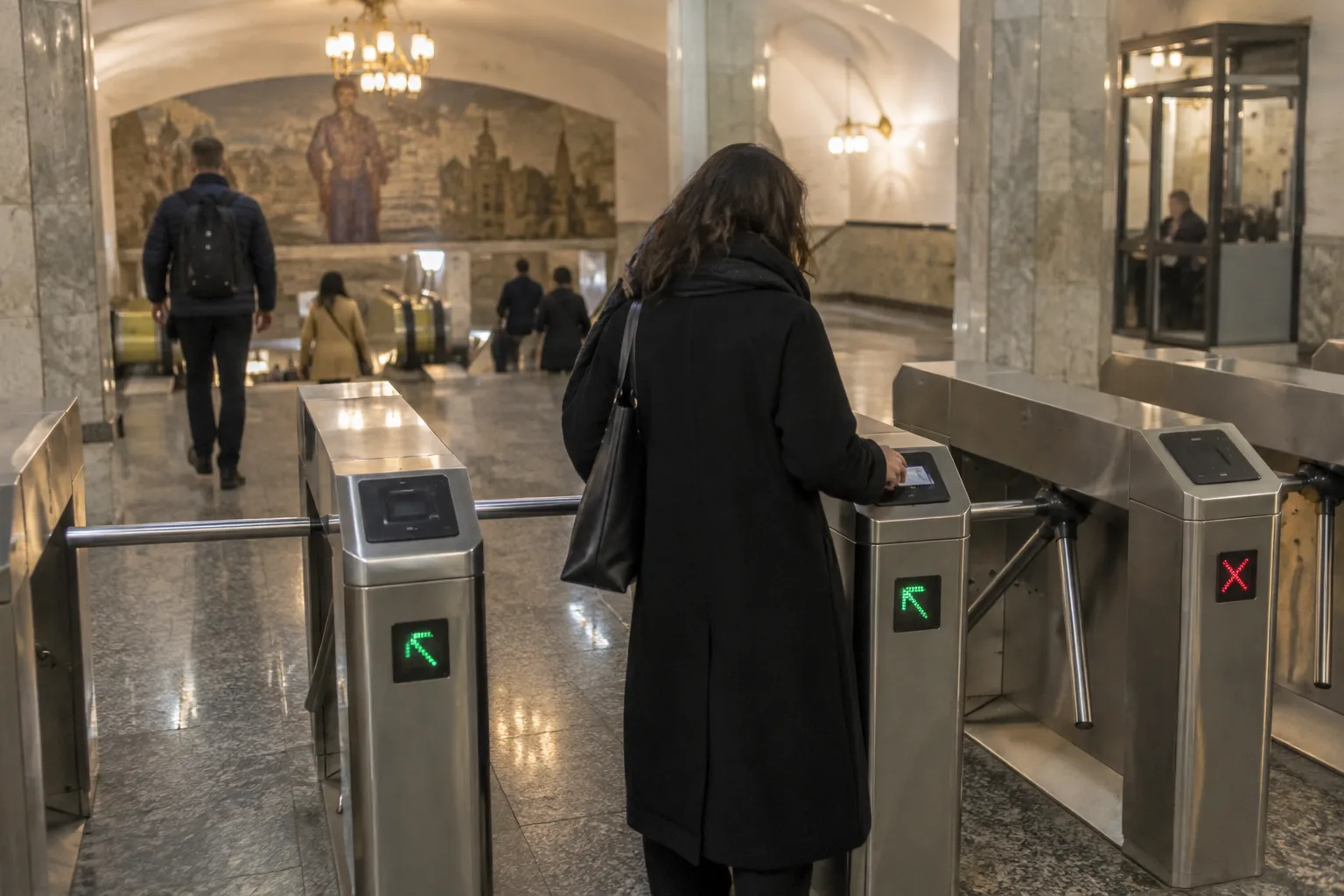 Person seen from behind tapping a bank card on the reader of a metro turnstile in a Tbilisi station vestibule