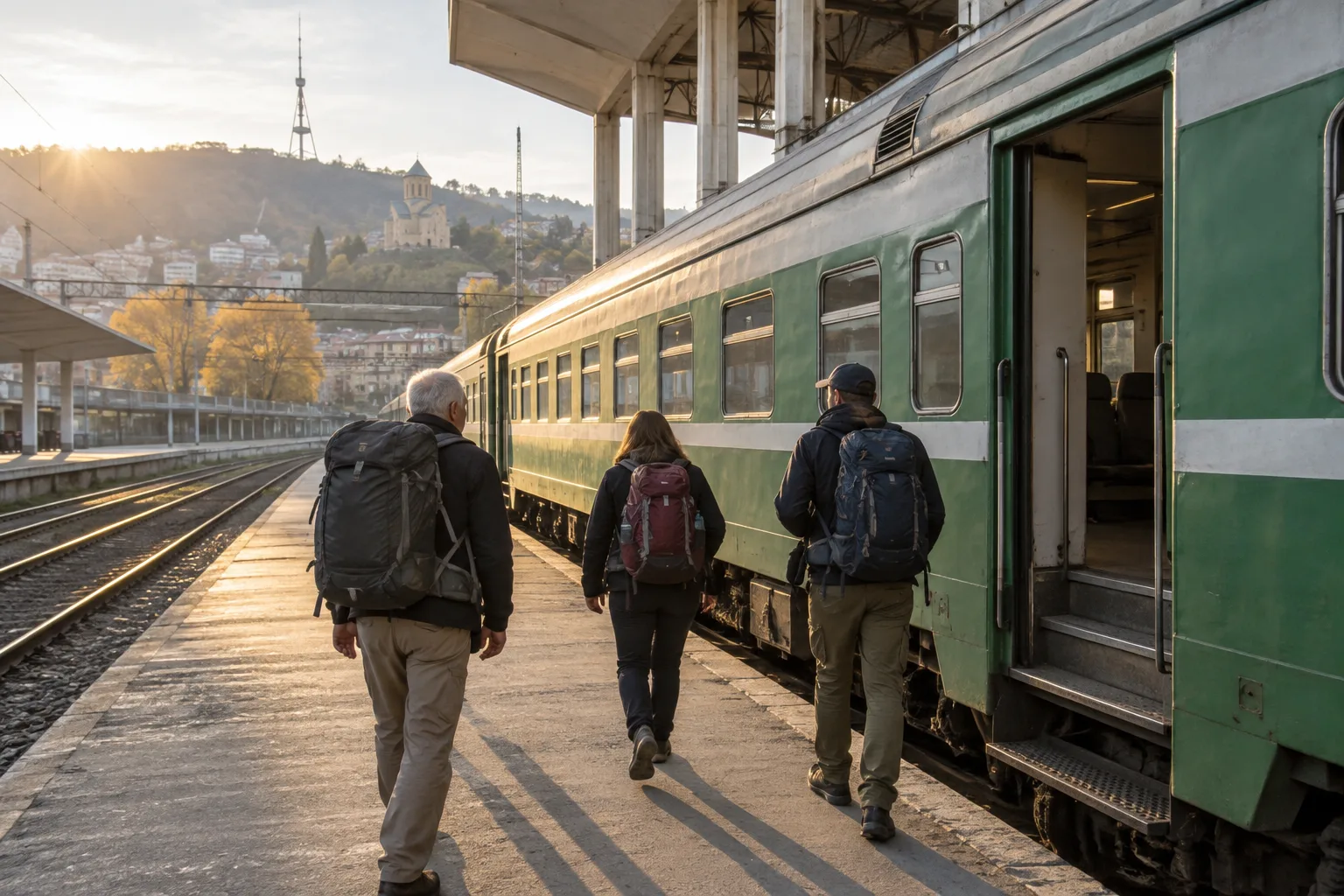 Older single-decker passenger train in plain green and grey paint waiting at a platform of Tbilisi Central station in early morning light with three travellers with backpacks walking towards it