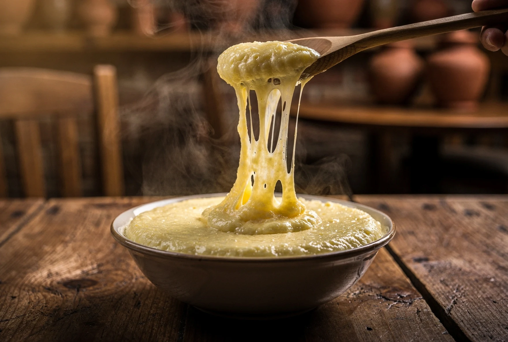Bowl of elarji, traditional Megrelian cornmeal and cheese dish