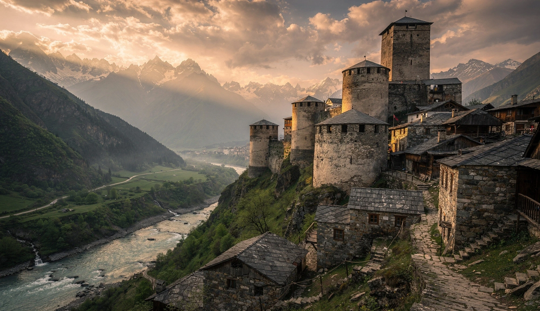 Medieval stone fortress village with defensive towers perched on a mountainside in the Greater Caucasus, golden hour light
