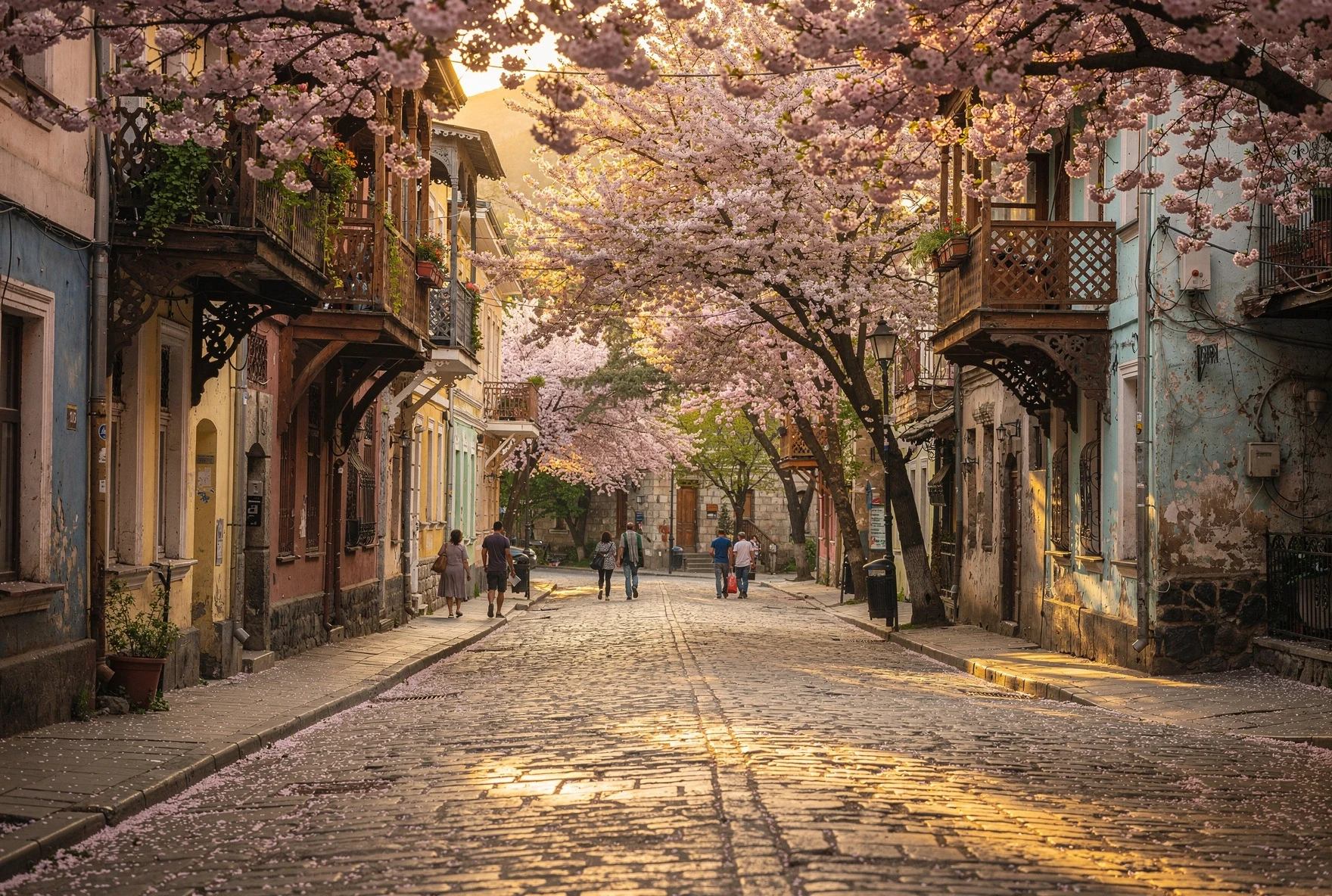 Tbilisi old town street with blooming cherry trees and traditional wooden balconies in warm spring light