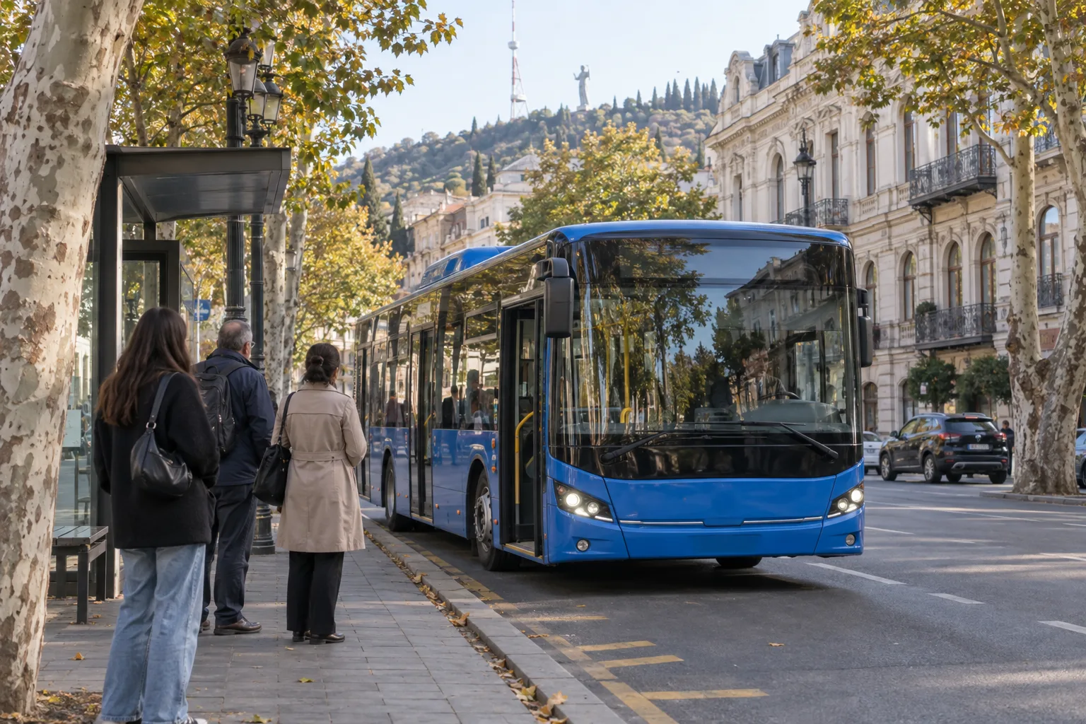 A blue low-floor city bus pulling into a tree-lined stop in central Tbilisi with passengers waiting and the Mtatsminda ridge behind