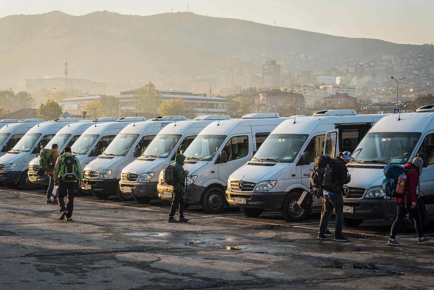 Travelers walking through a Tbilisi intercity minibus terminal in early morning light