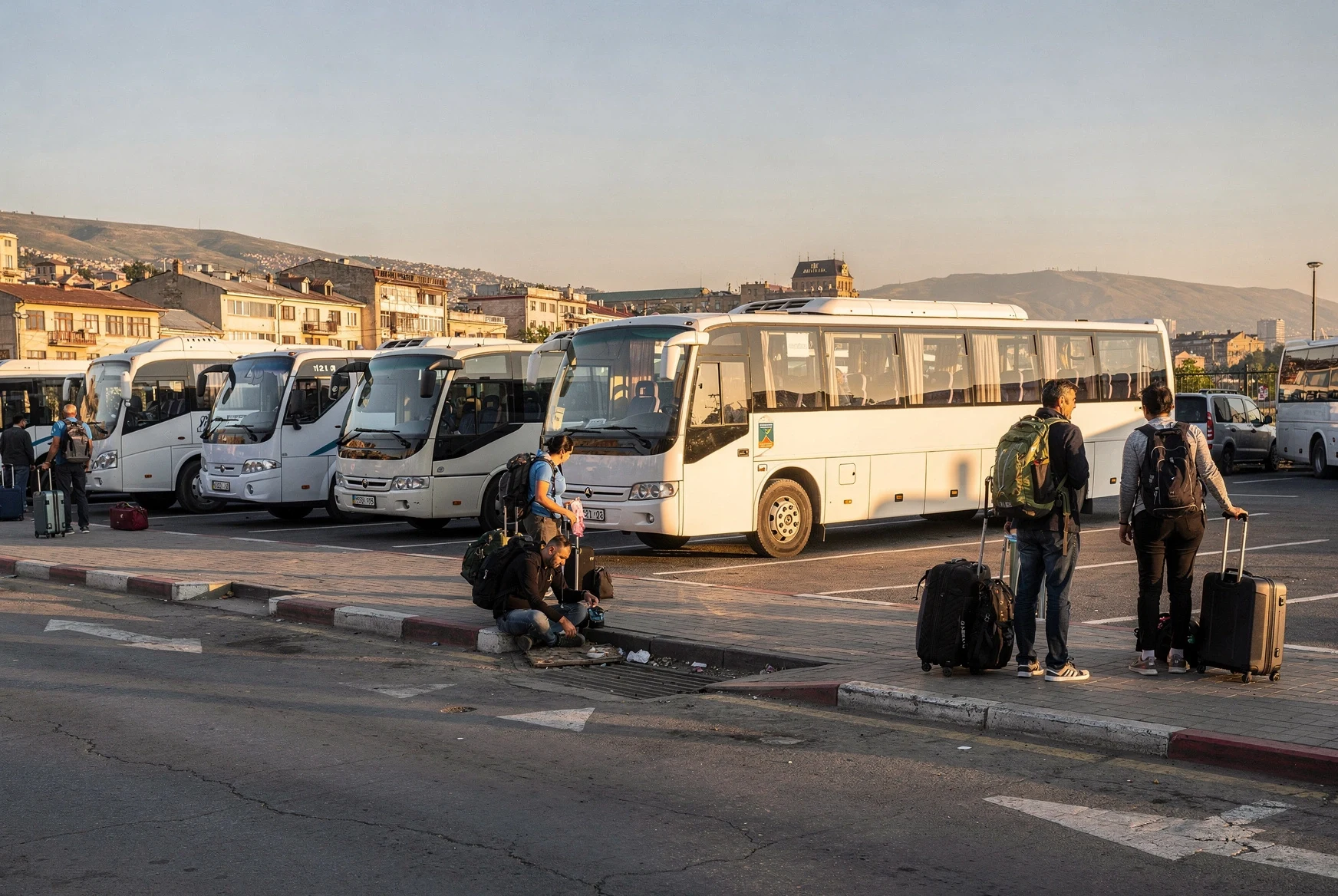 Travelers waiting near intercity minibuses at a calmer Tbilisi departure area in late afternoon light