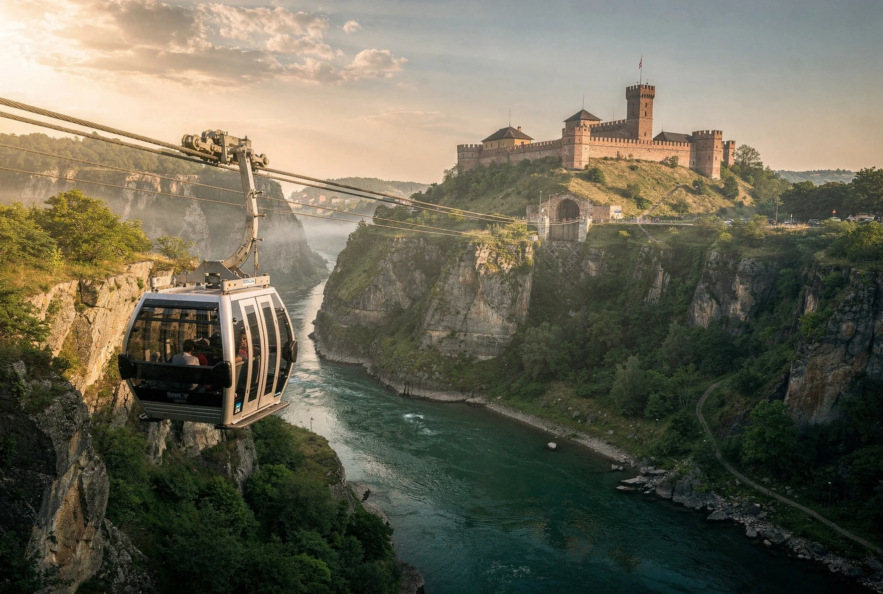 Cable car gondola traveling over a river gorge with a fortress on the hilltop