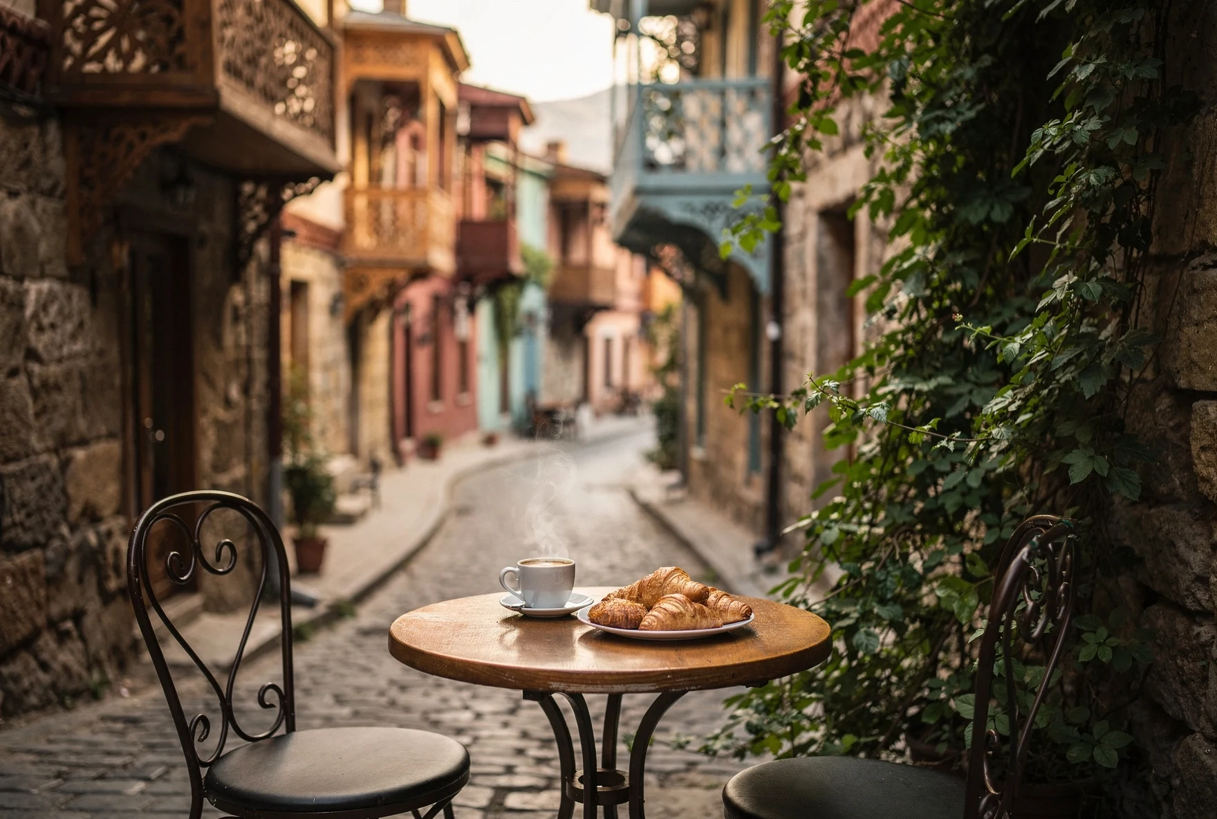 Outdoor café terrace on a cobblestone street in Tbilisi with coffee and pastries, traditional balconies overhead