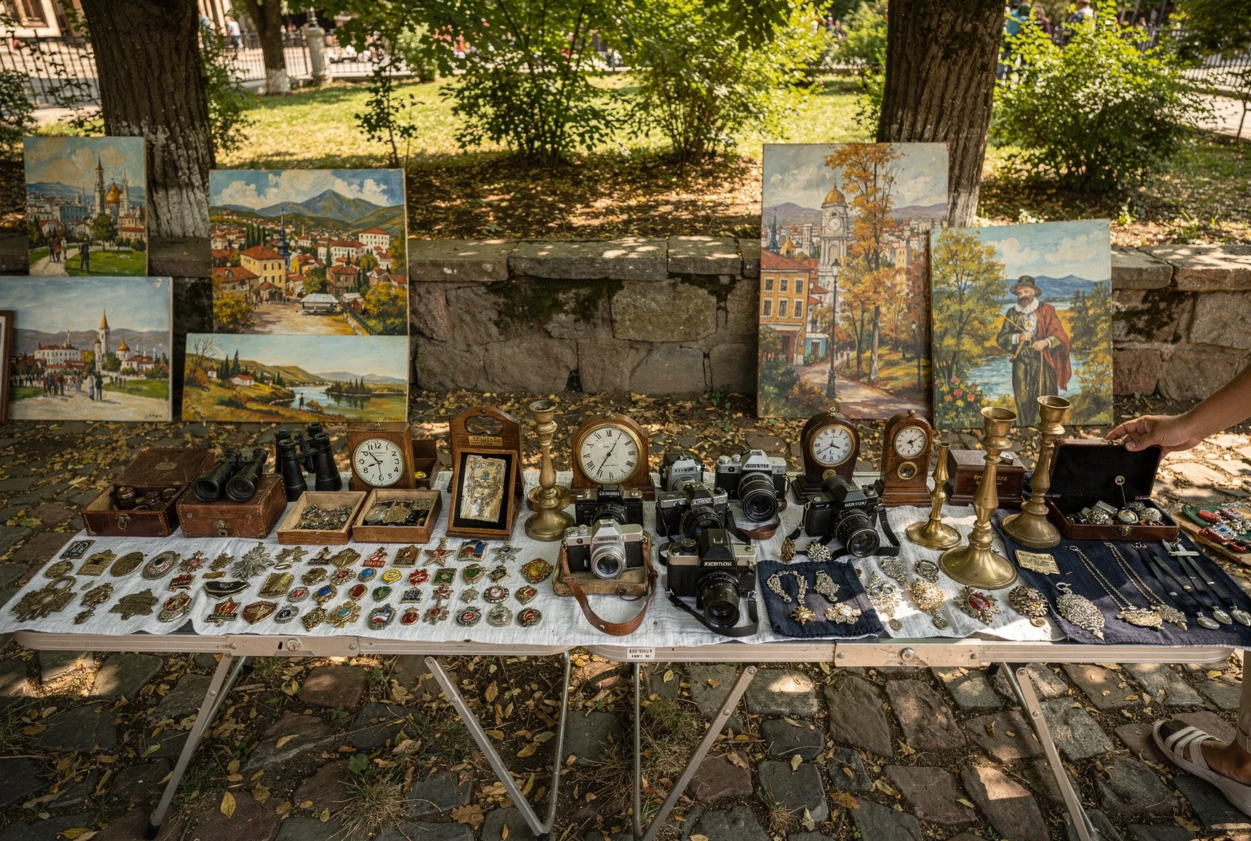 Dry Bridge flea market in Tbilisi with vintage Soviet items, cameras, and paintings displayed under dappled sunlight