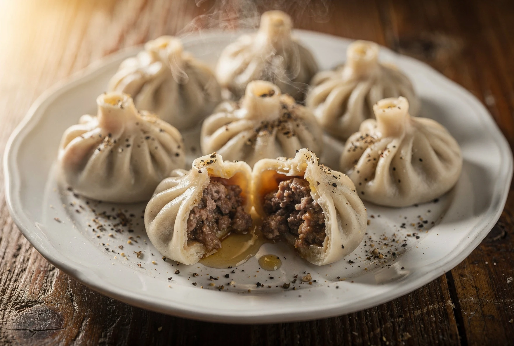 Close-up of freshly steamed Georgian khinkali dumplings with one bitten open