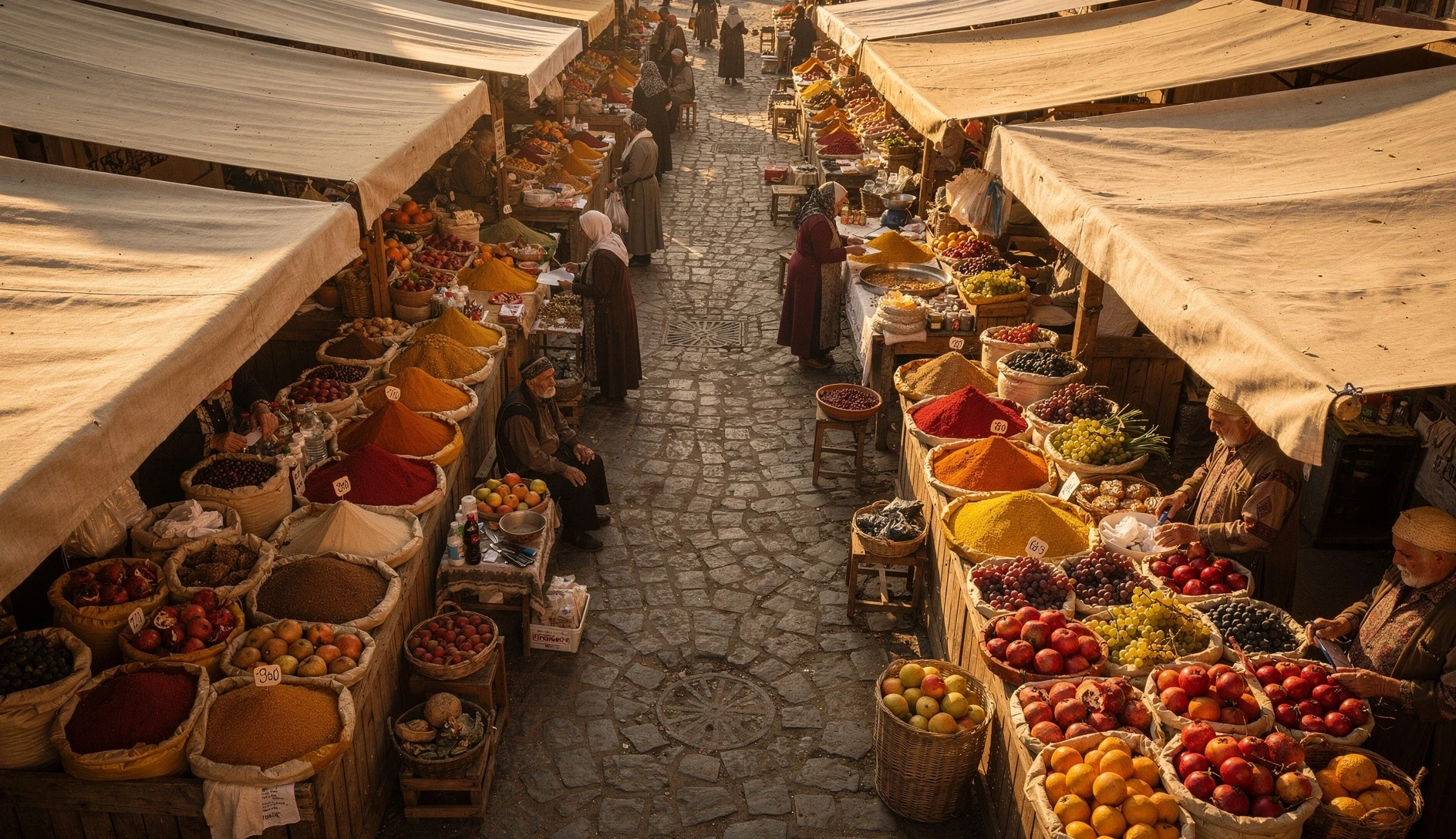 Colorful spice stalls and produce displays at a bustling Tbilisi market