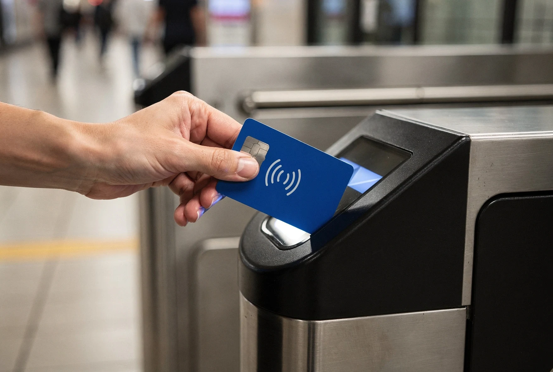 Tapping a transport card at a metro turnstile in Tbilisi