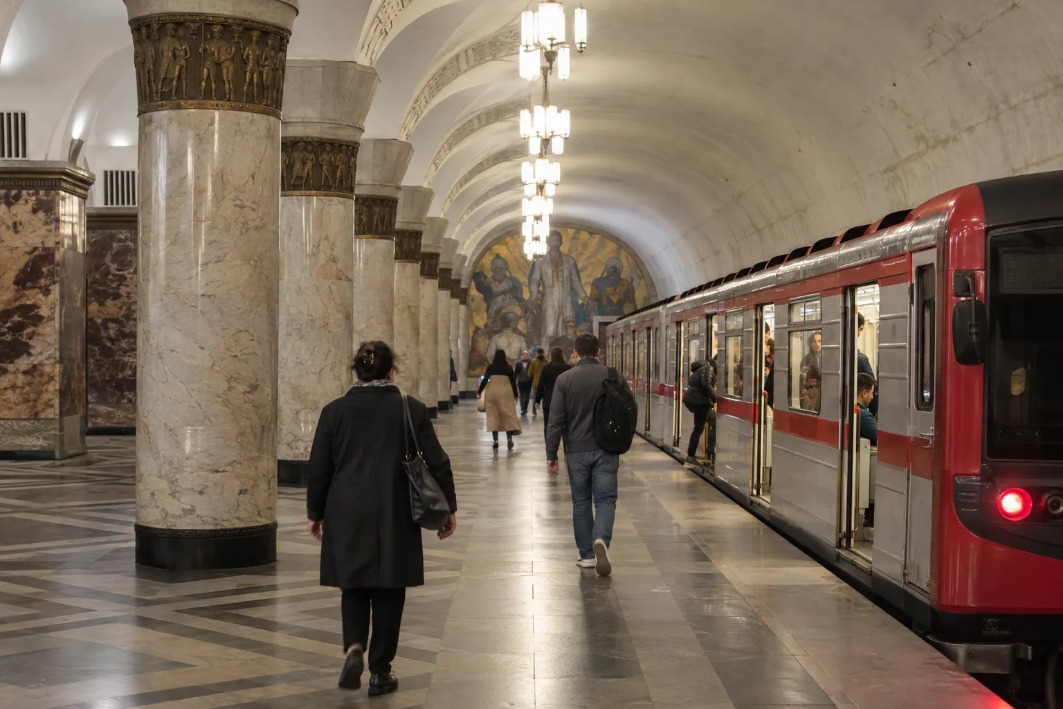 Deep Tbilisi metro platform hall with marble pillars and a red-fronted train stopped with its doors open