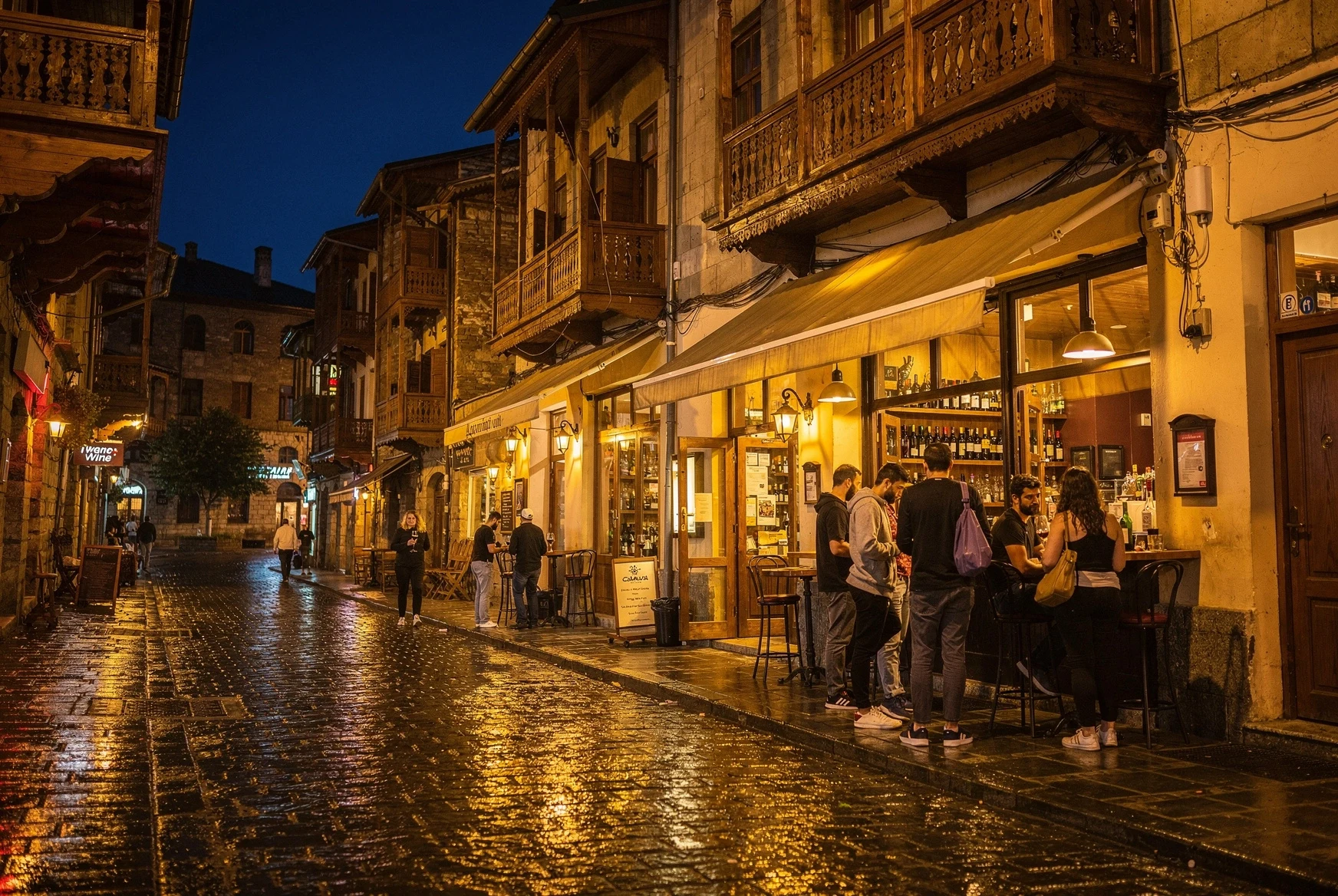 Night street in Tbilisi with warm bar lights and people outside wine bars