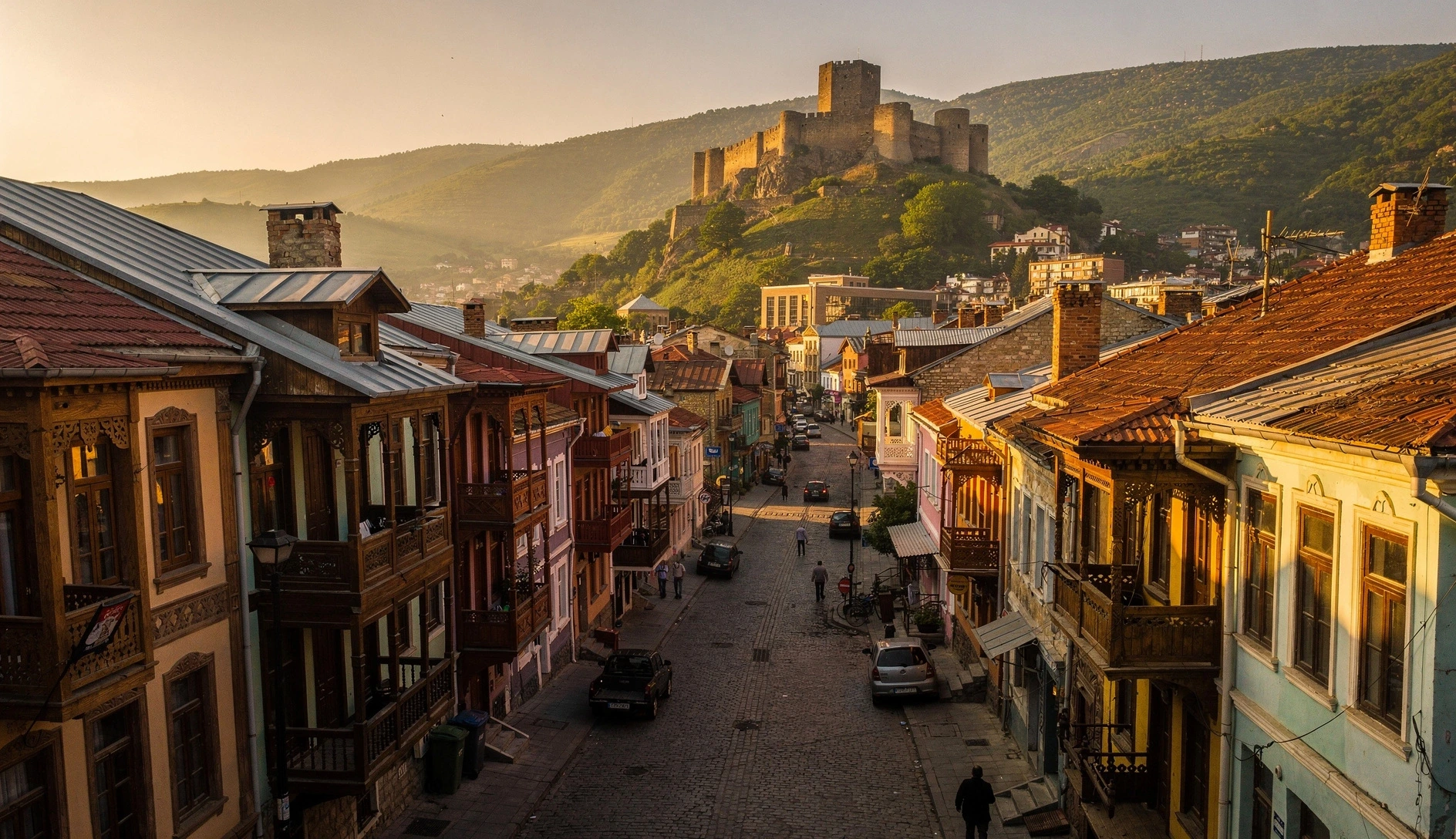 Golden hour view of Tbilisi Old Town streets with traditional wooden balconies and a hilltop fortress in the background
