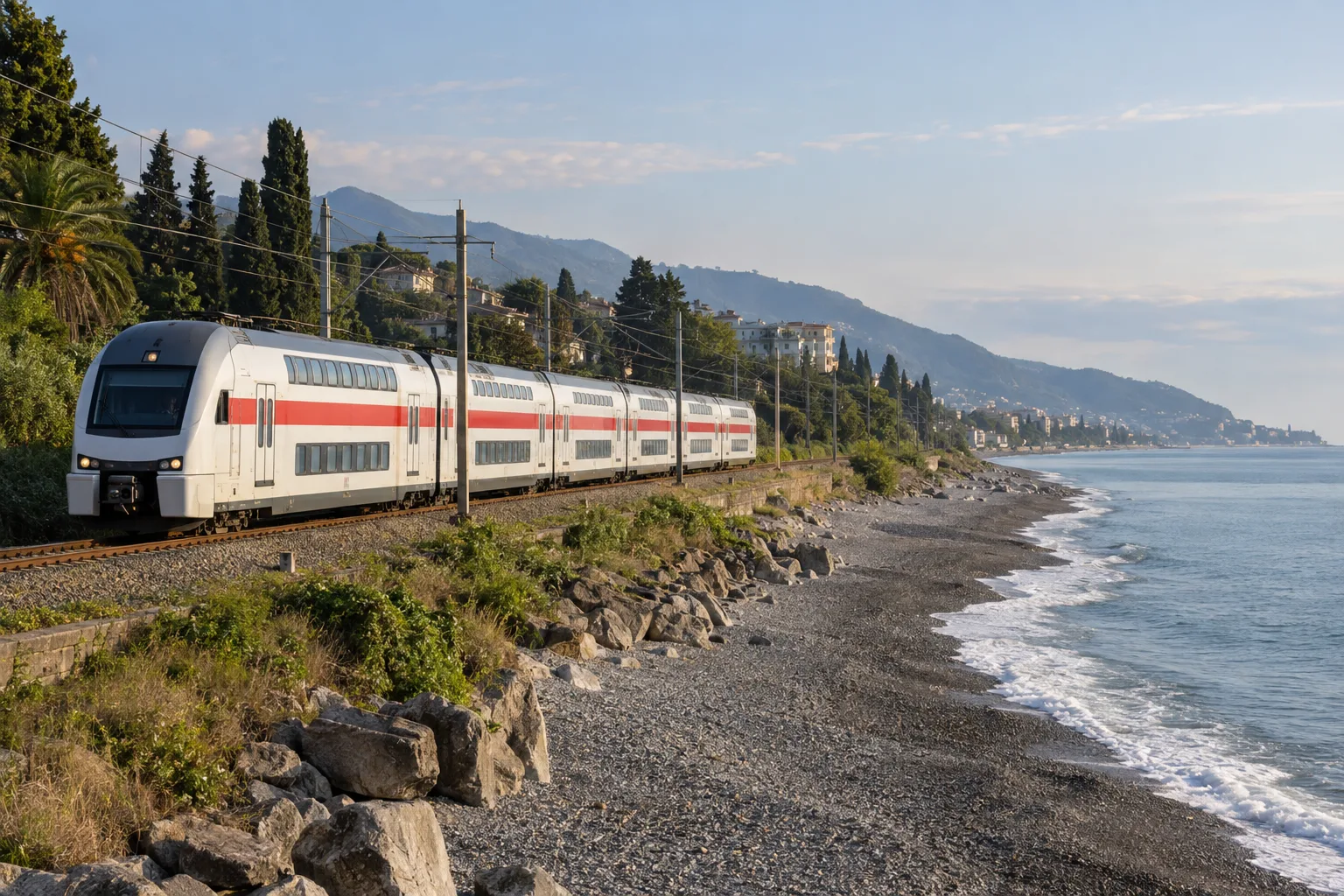 White double-decker train with a red stripe running along the pebble shore of the Black Sea near Kobuleti with wooded hills and the coast road behind